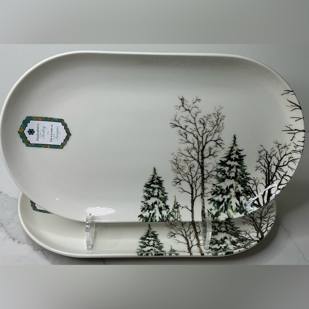 2 Papart Ceramic Christmas Pines Serving Platters Plate Hand painted New